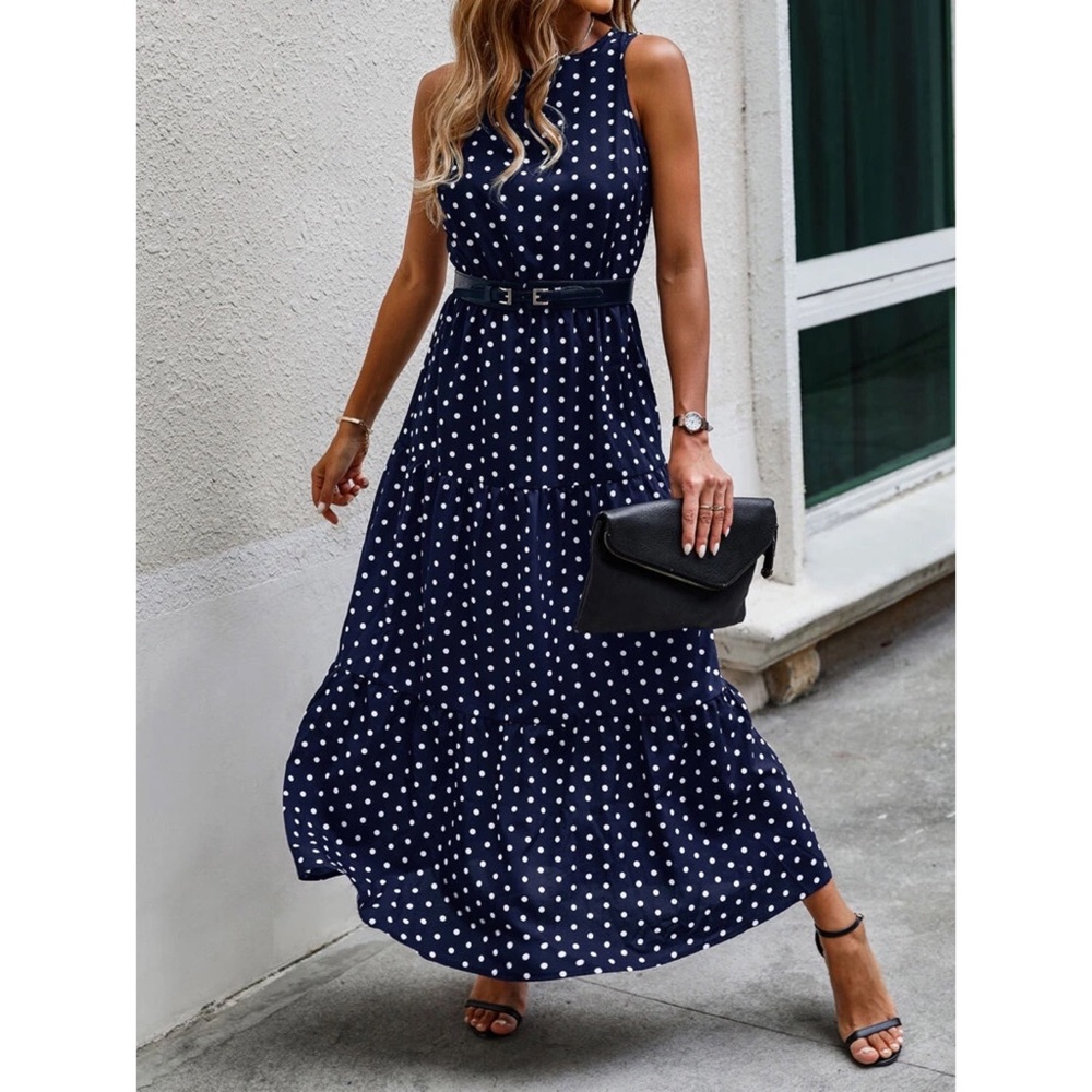 Vivian Polka Dot Sleeveless Ruffle Hem A-Line Dress